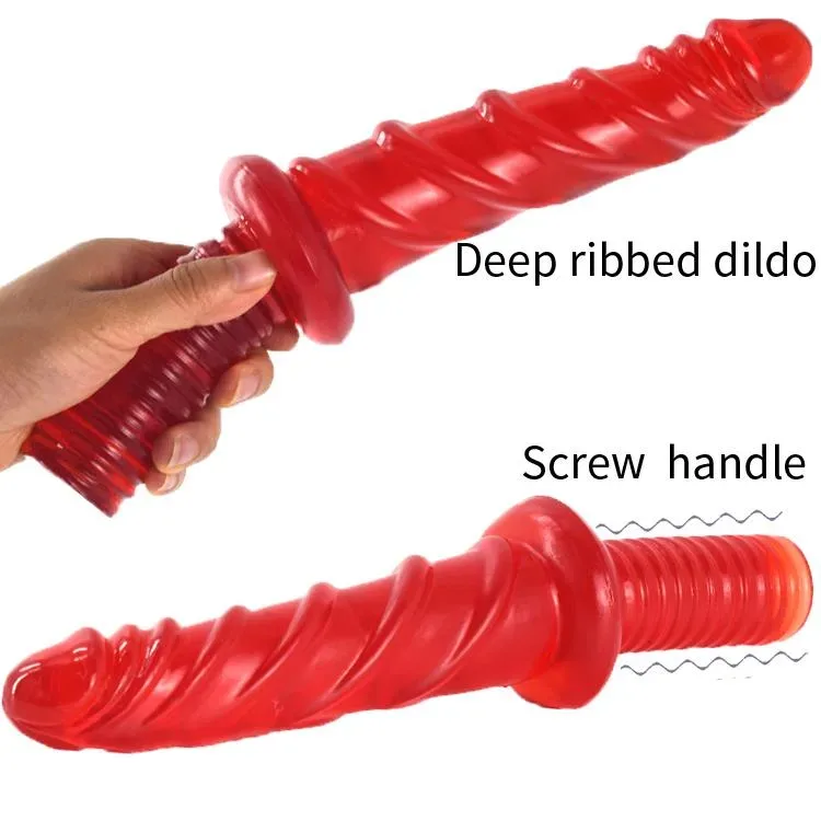 11 IN Red Ribbed PVC Dildo with Handle 2 11 IN Red Ribbed PVC Dildo with Handle 2