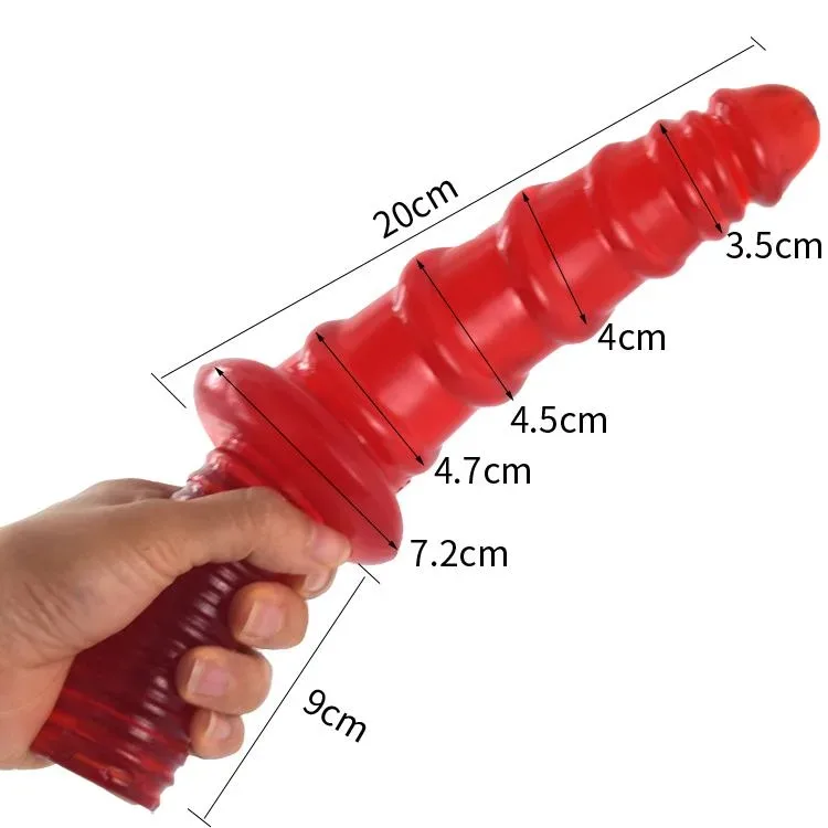 11 IN Red Ribbed PVC Dildo with Handle 1 11 IN Red Ribbed PVC Dildo with Handle 1