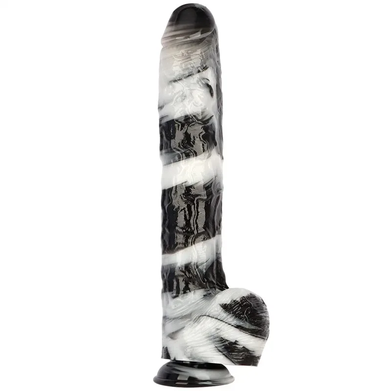 15.5 Inch Extra Long 2.5 Inch Thickness Massive Black-and-White PVC Dildo - Image 1