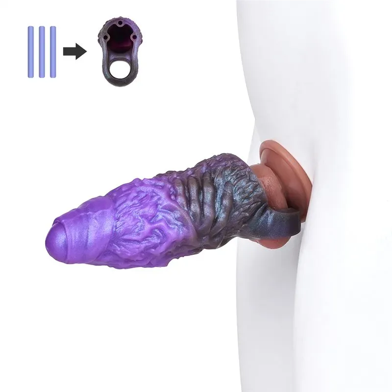 6 Inch Platinum Silicone Textured Monster Cock Sleeve with 3 Build-In Skeleton - Image 1