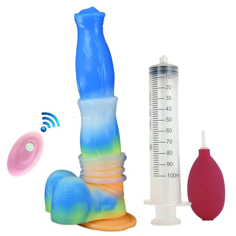 vibrating ejaculating dog dildo 9.5 Inch Vibrating Ejaculating Horse Dildo Luminous Squirting Animal Penis - Image 1