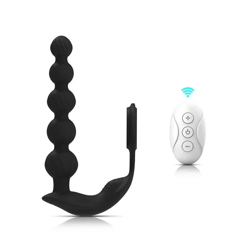 Men Vibrating Anal Beads with Penis Ring (1) Remote Control Silicone Men Vibrating Anal Beads with Penis Ring - Image 1